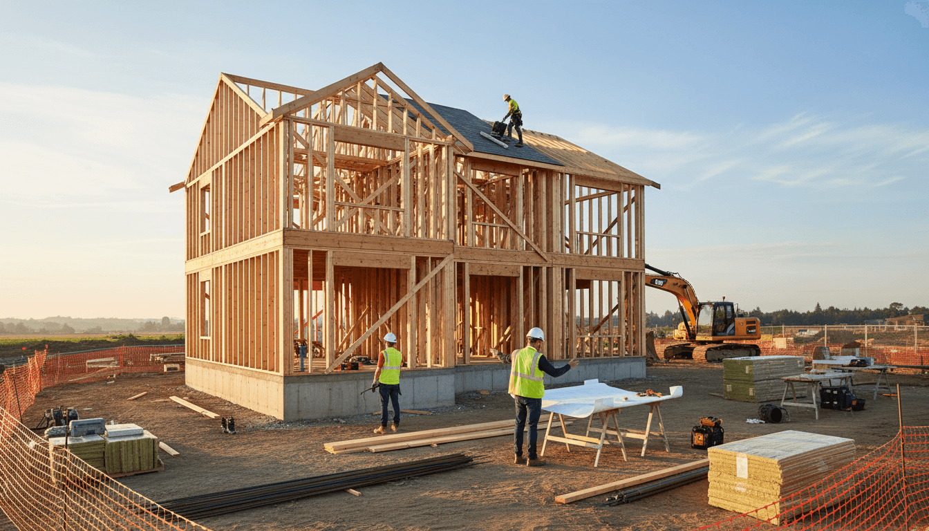 Mid-stage residential construction site with exposed framing, workers on multiple levels, and organized materials during afternoon light Mid-stage residential construction site with exposed framing, workers on multiple levels, and organized materials during afternoon light
